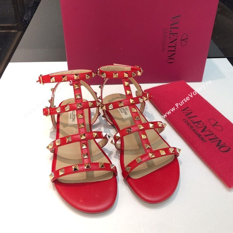 Valentino Classic Rockstud Flat Sandals in Calfskin Leather with Straps Red 2025 0711 (XL-250711081)
