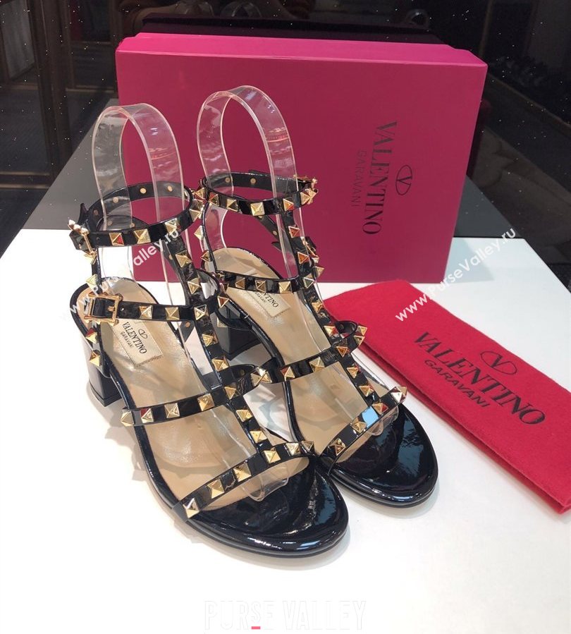 Valentino Classic Rockstud Heel Sandals 6.5cm in Patent Leather with Straps Black 2025 0711 (XL-250711082)