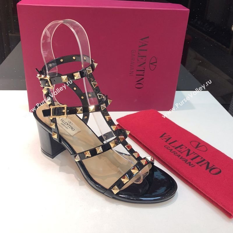 Valentino Classic Rockstud Heel Sandals 6.5cm in Patent Leather with Straps Black 2025 0711 (XL-250711082)