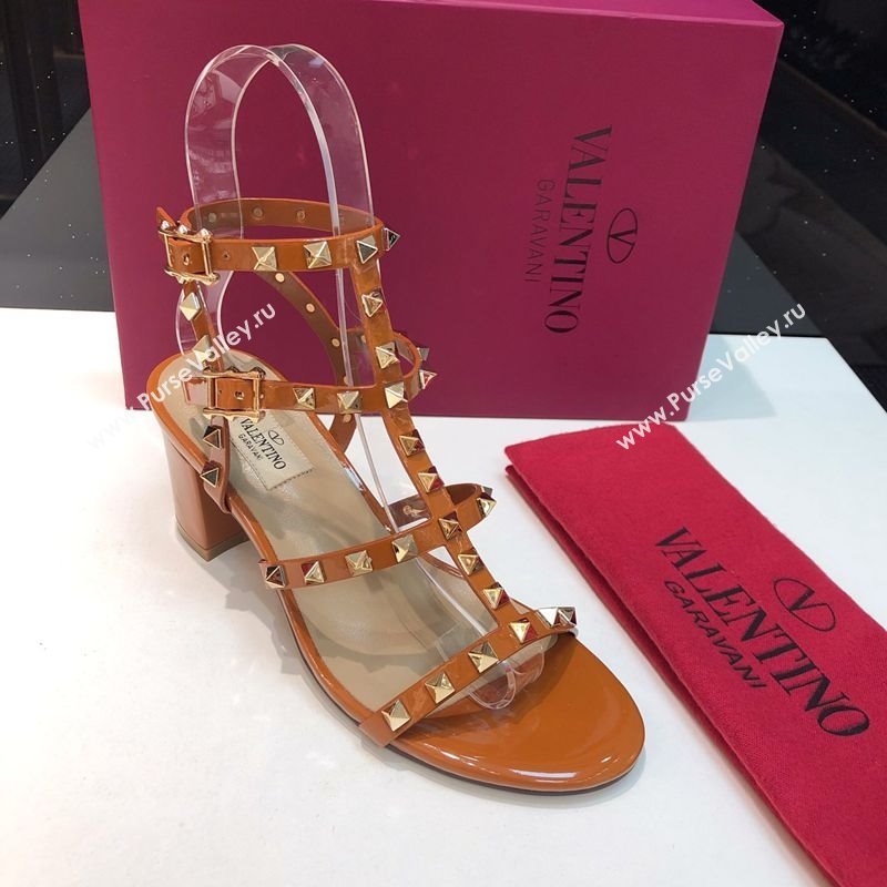 Valentino Classic Rockstud Heel Sandals 6.5cm in Patent Leather with Straps Brown 2025 0711 (XL-250711086)