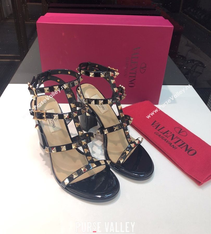 Valentino Classic Rockstud Heel Sandals 9.5cm in Patent Leather with Straps Black 2025 0711 (XL-250711087)