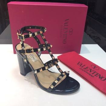 Valentino Classic Rockstud Heel Sandals 9.5cm in Patent Leather with Straps Black 2025 0711 (XL-250711087)