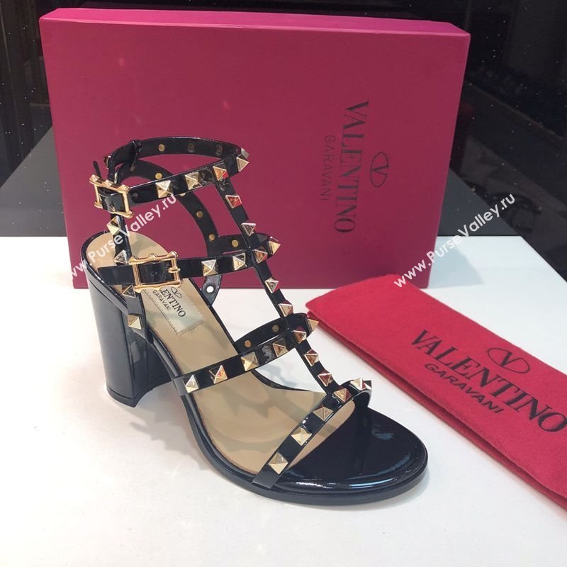 Valentino Classic Rockstud Heel Sandals 9.5cm in Patent Leather with Straps Black 2025 0711 (XL-250711087)