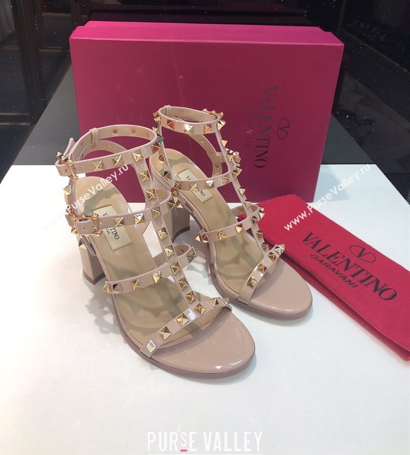 Valentino Classic Rockstud Heel Sandals 9.5cm in Patent Leather with Straps Nude 2025 0711 (XL-250711088)