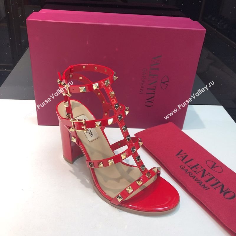 Valentino Classic Rockstud Heel Sandals 9.5cm in Patent Leather with Straps Red 2025 0711 (XL-250711091)