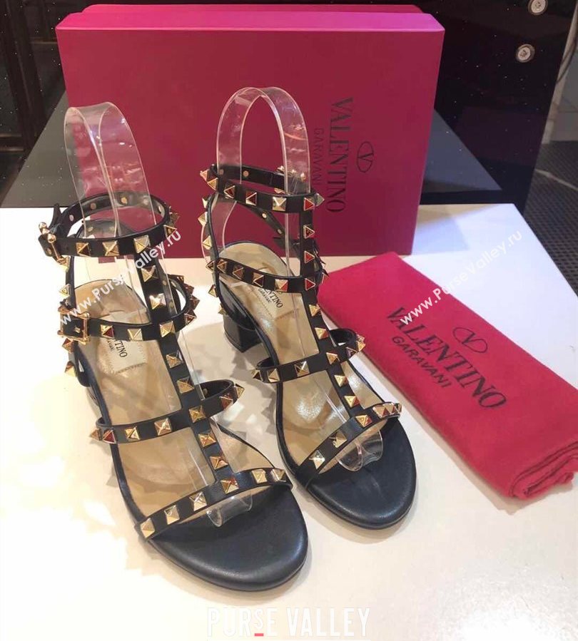 Valentino Classic Rockstud Heel Sandals 6.5cm in Calfskin Leather with Straps Black Upper 2025 0711 (XL-250711092)