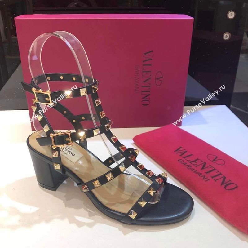 Valentino Classic Rockstud Heel Sandals 6.5cm in Calfskin Leather with Straps Black Upper 2025 0711 (XL-250711092)