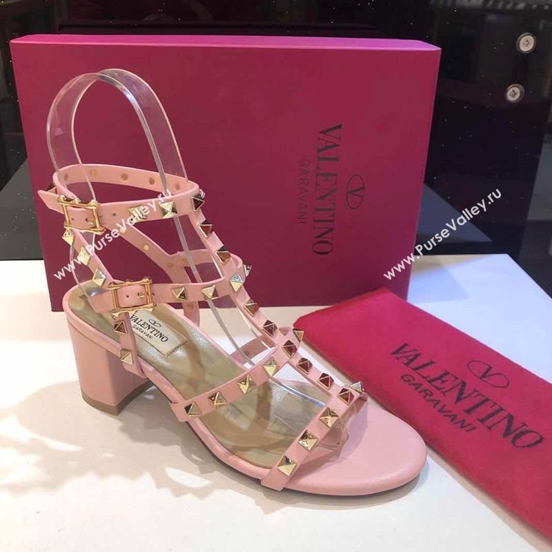 Valentino Classic Rockstud Heel Sandals 6.5cm in Calfskin Leather with Straps Pink 2025 0711 (XL-250711094)