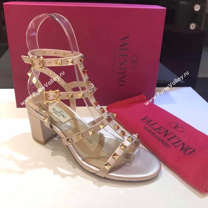 Valentino Classic Rockstud Heel Sandals 6.5cm in Calfskin Leather with Straps Metallic Pink 2025 0711 (XL-250711095)