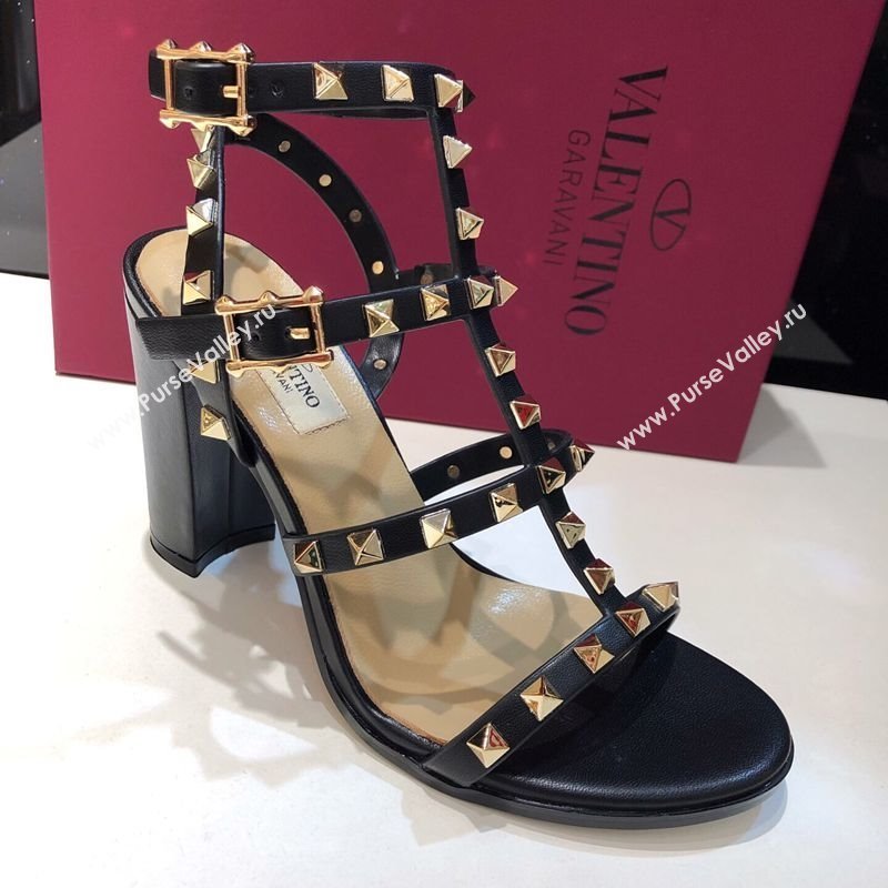 Valentino Classic Rockstud Heel Sandals 9.5cm in Calfskin Leather with Straps Black 2025 0711 (XL-250711098)
