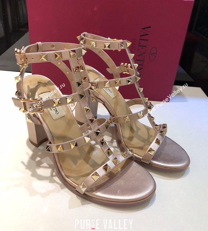 Valentino Classic Rockstud Heel Sandals 9.5cm in Calfskin Leather with Straps Metallic Pink 2025 0711 (XL-250711100)
