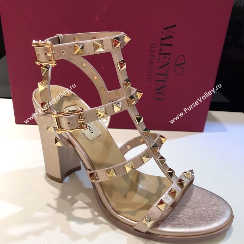 Valentino Classic Rockstud Heel Sandals 9.5cm in Calfskin Leather with Straps Metallic Pink 2025 0711 (XL-250711100)
