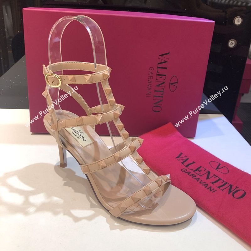 Valentino One-Tone Rockstud Heel Sandals 6.5cm in Calfskin Leather with Straps Nude 2025 0711 (XL-250711102)