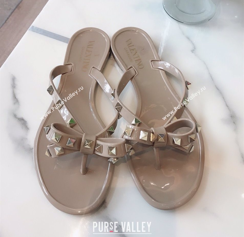 Valentino Rockstud Rubber Flat Slides Sandal with Bow Grey 2025 0711 (GDX-250711047)