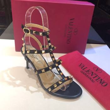 Valentino Rockstud Heeled Sandals 6.5cm in Calfskin Leather with Straps Black 2025 0711 (XL-250711106)