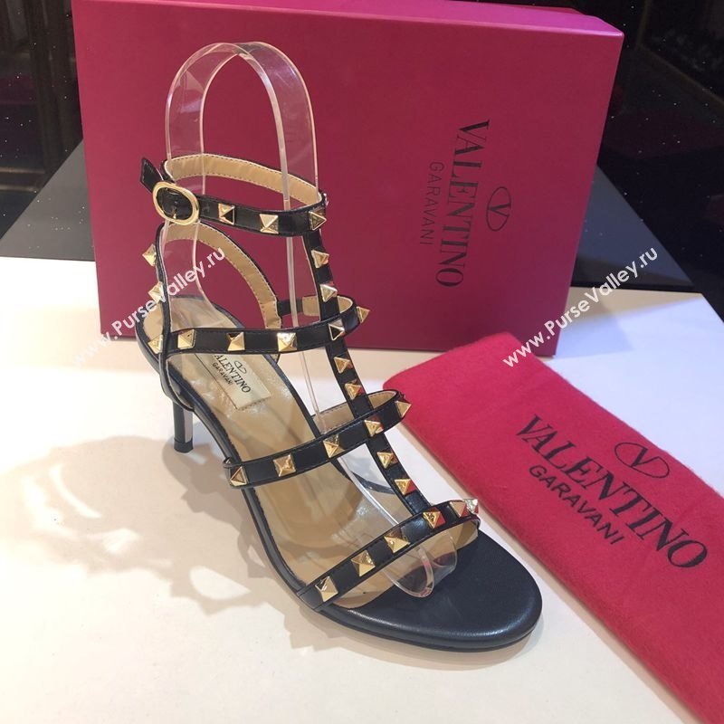 Valentino Rockstud Heeled Sandals 6.5cm in Calfskin Leather with Straps Black 2025 0711 (XL-250711106)