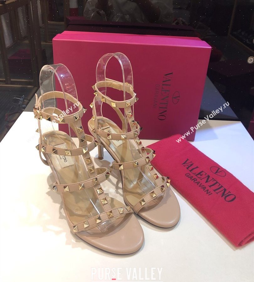 Valentino Rockstud Heeled Sandals 6.5cm in Calfskin Leather with Straps Nude 2025 0711 (XL-250711107)