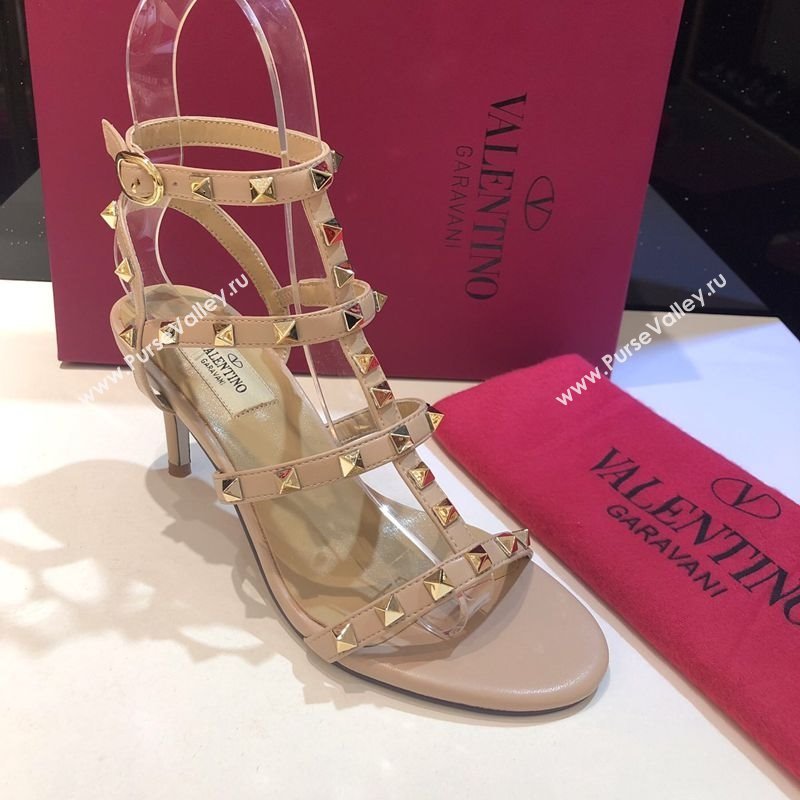 Valentino Rockstud Heeled Sandals 6.5cm in Calfskin Leather with Straps Nude 2025 0711 (XL-250711107)