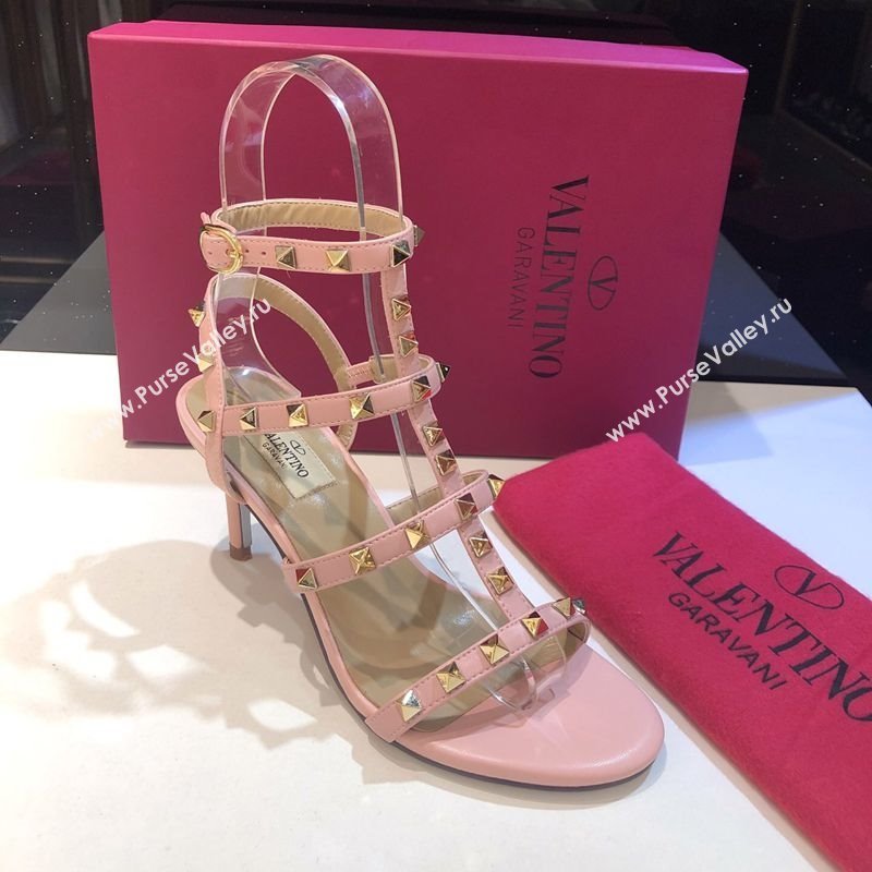Valentino Rockstud Heeled Sandals 6.5cm in Calfskin Leather with Straps Light Pink 2025 0711 (XL-250711108)