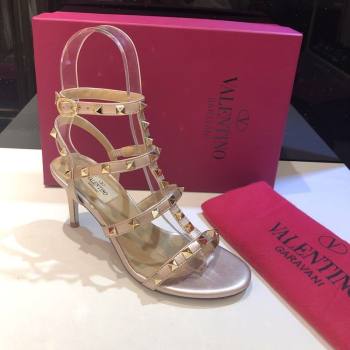 Valentino Rockstud Heeled Sandals 6.5cm in Calfskin Leather with Straps Metallic Pink 2025 0711 (XL-250711109)