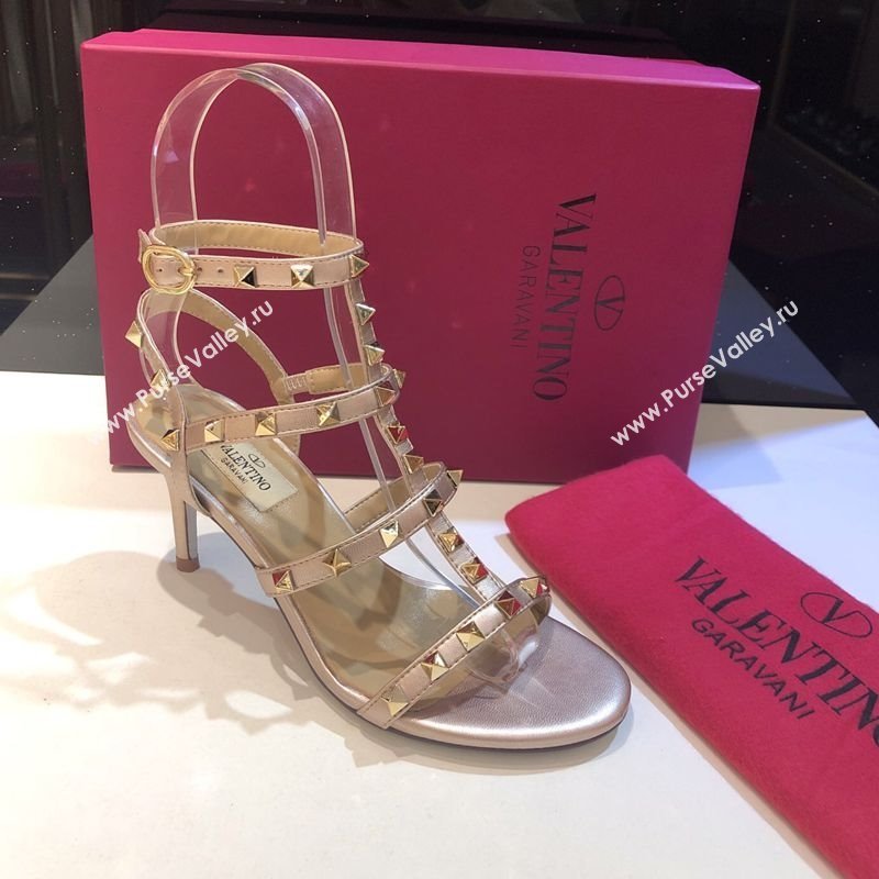 Valentino Rockstud Heeled Sandals 6.5cm in Calfskin Leather with Straps Metallic Pink 2025 0711 (XL-250711109)