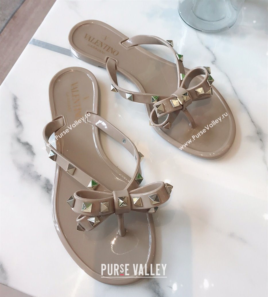 Valentino Rockstud Rubber Flat Slides Sandal with Bow Grey 2025 0711 (GDX-250711047)