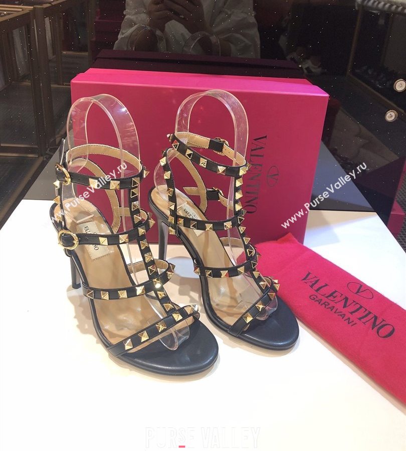 Valentino Rockstud Heeled Sandals 9.5cm in Calfskin Leather with Straps Black 2025 0711 (XL-250711111)