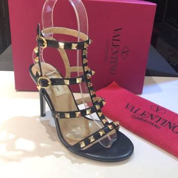 Valentino Rockstud Heeled Sandals 9.5cm in Calfskin Leather with Straps Black 2025 0711 (XL-250711111)