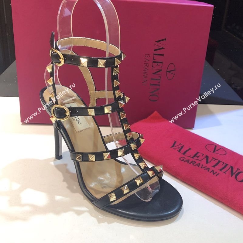 Valentino Rockstud Heeled Sandals 9.5cm in Calfskin Leather with Straps Black 2025 0711 (XL-250711111)