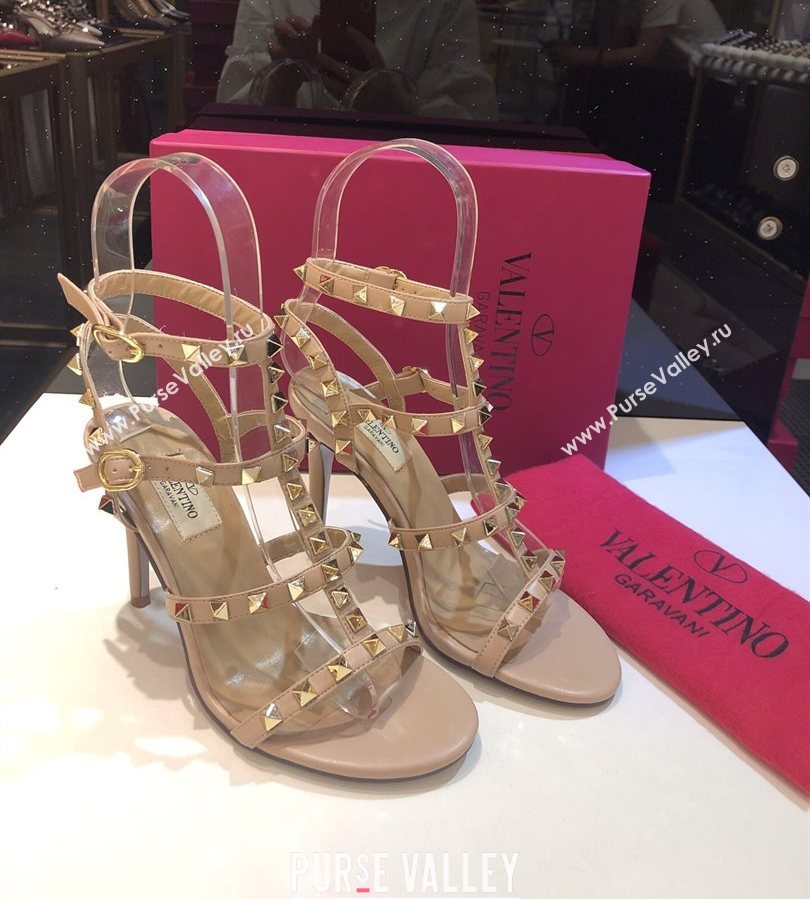 Valentino Rockstud Heeled Sandals 9.5cm in Calfskin Leather with Straps Nude 2025 0711 (XL-250711112)