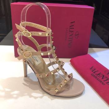 Valentino Rockstud Heeled Sandals 9.5cm in Calfskin Leather with Straps Nude 2025 0711 (XL-250711112)