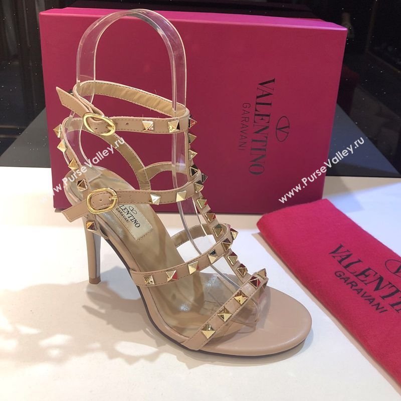 Valentino Rockstud Heeled Sandals 9.5cm in Calfskin Leather with Straps Nude 2025 0711 (XL-250711112)