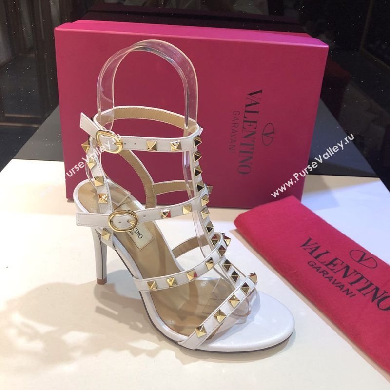 Valentino Rockstud Heeled Sandals 9.5cm in Calfskin Leather with Straps White 2025 0711 (XL-250711113)