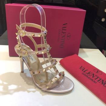 Valentino Rockstud Heeled Sandals 9.5cm in Calfskin Leather with Straps Metallic Pink 2025 0711 (XL-250711114)