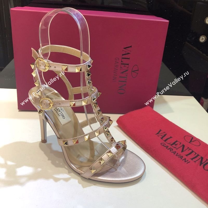 Valentino Rockstud Heeled Sandals 9.5cm in Calfskin Leather with Straps Metallic Pink 2025 0711 (XL-250711114)