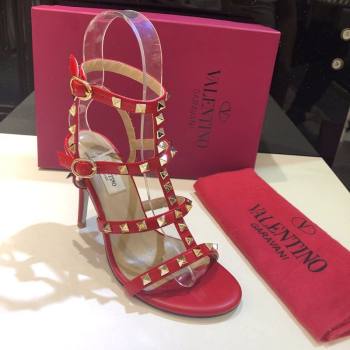 Valentino Rockstud Heeled Sandals 9.5cm in Calfskin Leather with Straps Red 2025 0711 (XL-250711115)