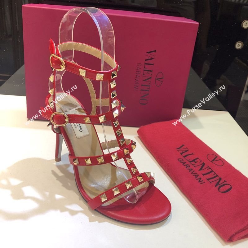 Valentino Rockstud Heeled Sandals 9.5cm in Calfskin Leather with Straps Red 2025 0711 (XL-250711115)