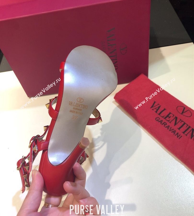 Valentino Rockstud Heeled Sandals 9.5cm in Calfskin Leather with Straps Red 2025 0711 (XL-250711115)