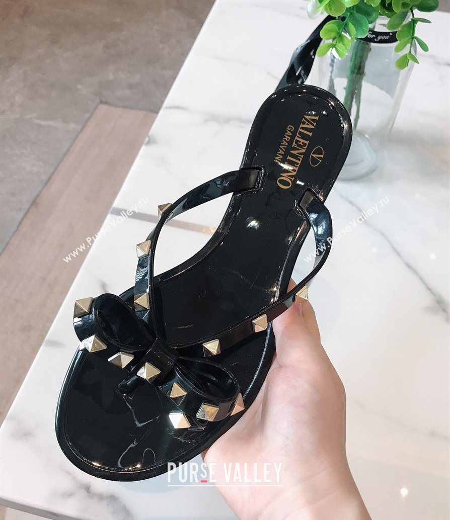 Valentino Rockstud Rubber Flat Slides Sandal with Bow Black 2025 0711 (GDX-250711045)