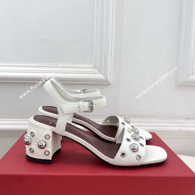 Valentino Nellcôte Heel Sandals 6cm in Grainy Calfskin with Ball Studs White 2025 (syt-250711049)