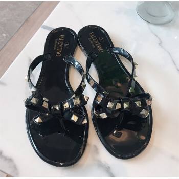 Valentino Rockstud Rubber Flat Slides Sandal with Bow Black 2025 0711 (GDX-250711045)