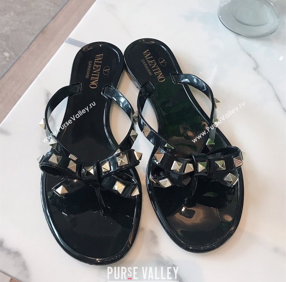 Valentino Rockstud Rubber Flat Slides Sandal with Bow Black 2025 0711 (GDX-250711045)