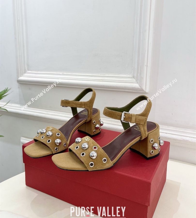 Valentino Nellcôte Heel Sandals 6cm in Suede with Ball Studs Light Brown 2025 (syt-250711050)