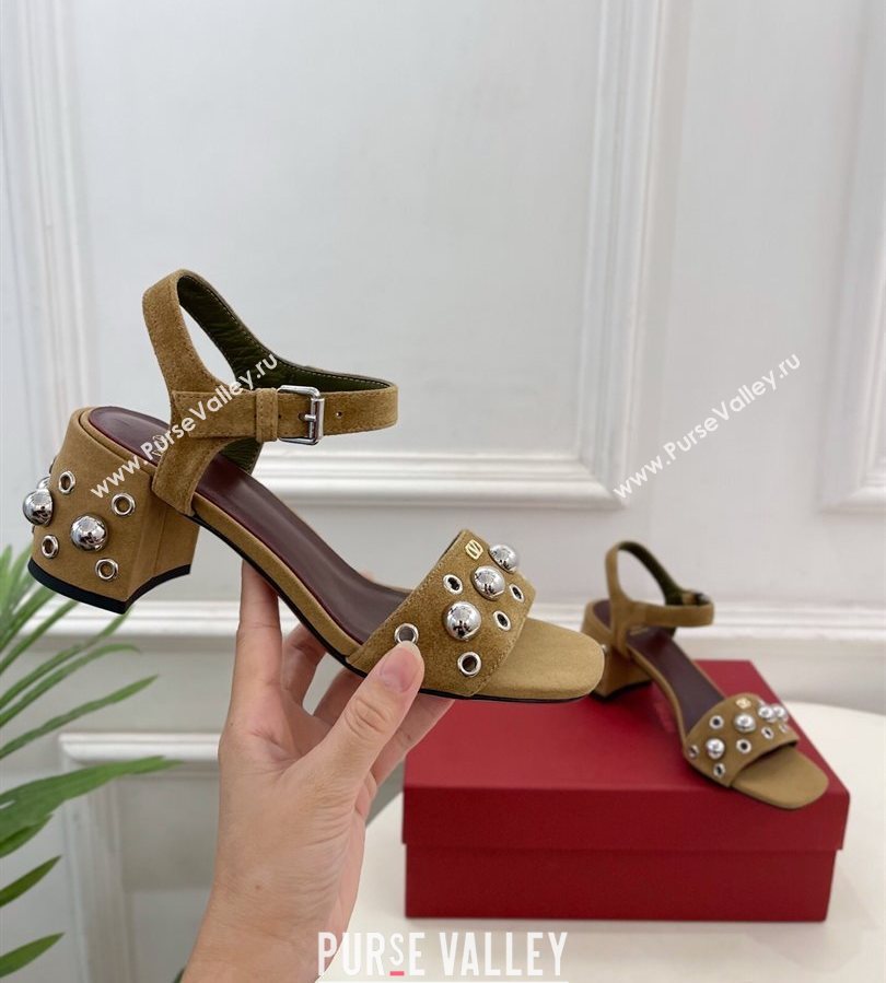 Valentino Nellcôte Heel Sandals 6cm in Suede with Ball Studs Light Brown 2025 (syt-250711050)