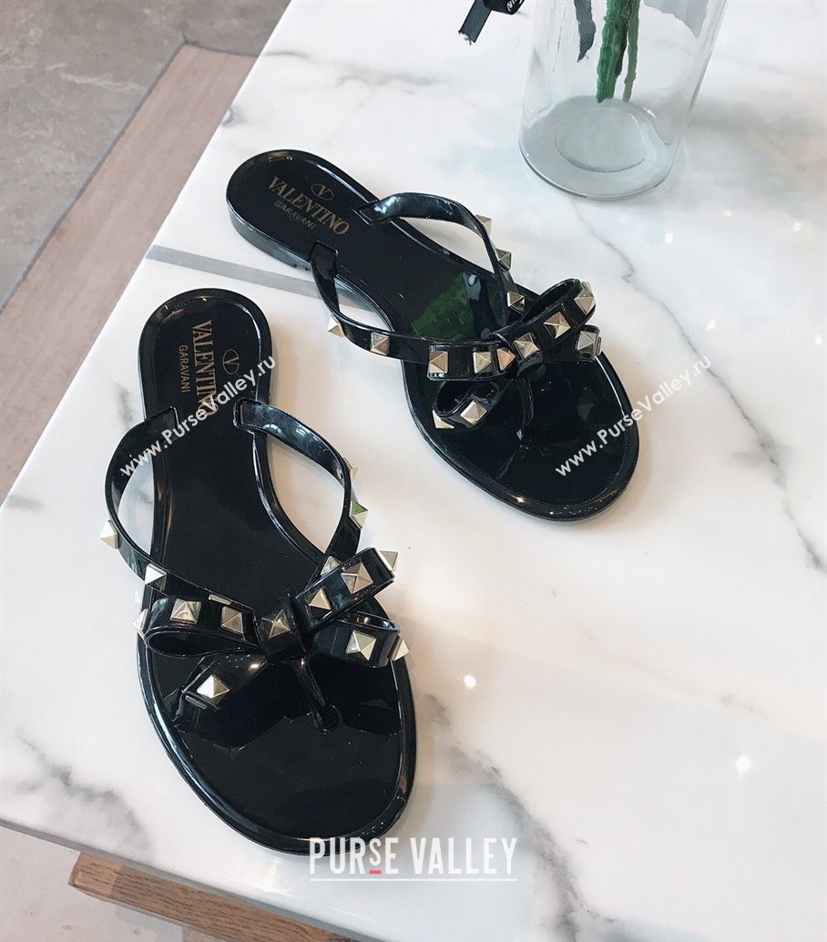 Valentino Rockstud Rubber Flat Slides Sandal with Bow Black 2025 0711 (GDX-250711045)