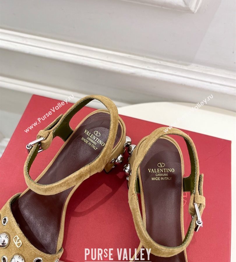 Valentino Nellcôte Heel Sandals 6cm in Suede with Ball Studs Light Brown 2025 (syt-250711050)