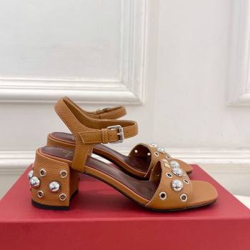 Valentino Nellcôte Heel Sandals 6cm in Grainy Calfskin with Ball Studs Brown 2025 (syt-250711051)