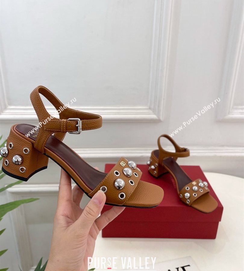 Valentino Nellcôte Heel Sandals 6cm in Grainy Calfskin with Ball Studs Brown 2025 (syt-250711051)