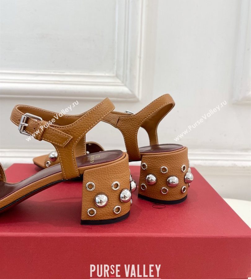 Valentino Nellcôte Heel Sandals 6cm in Grainy Calfskin with Ball Studs Brown 2025 (syt-250711051)