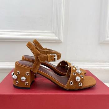 Valentino Nellcôte Heel Sandals 6cm in Suede with Ball Studs Tan Brown 2025 (syt-250711052)
